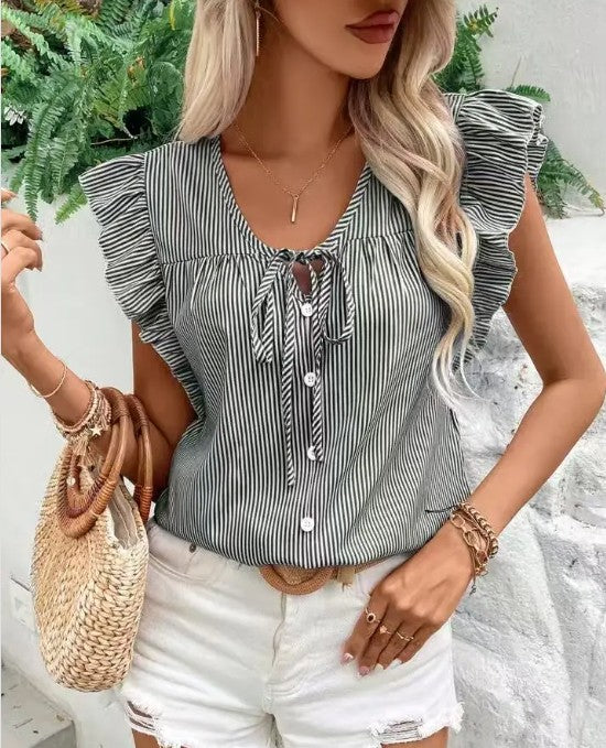 Miss Sparkling Striped Ruffle Tie Front Blouse