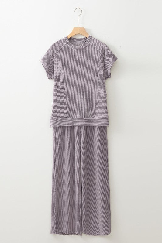 Solid Corded T-Shirt and Pants Set