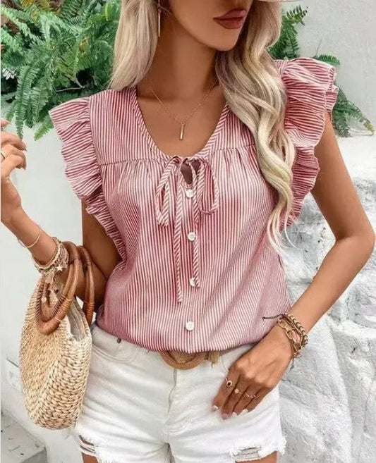 Miss Sparkling Striped Ruffle Tie Front Blouse