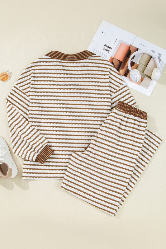 Stripe Collared Top and Drawstring Pants Set