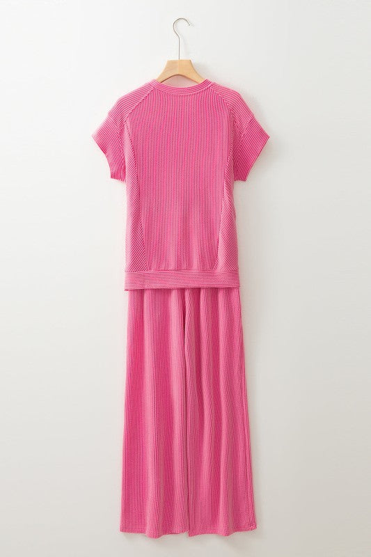 Solid Corded T-Shirt and Pants Set