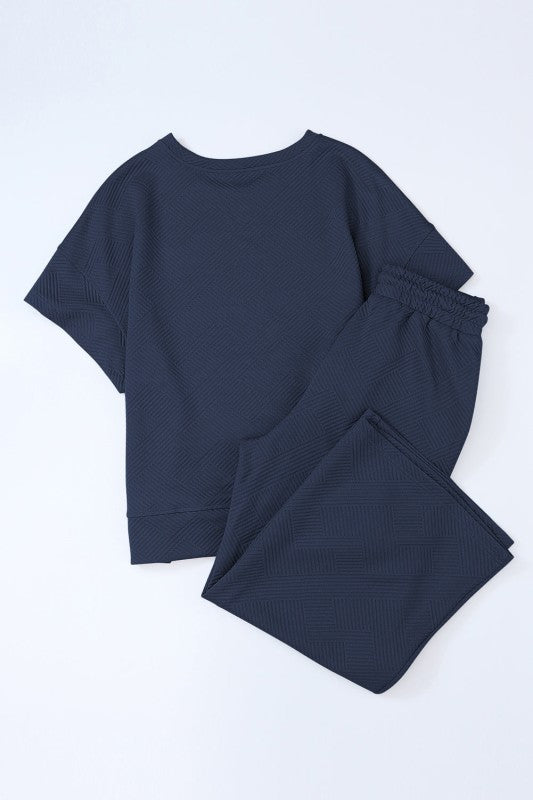 Solid Textured T-Shirt and Drawstring Pants Set