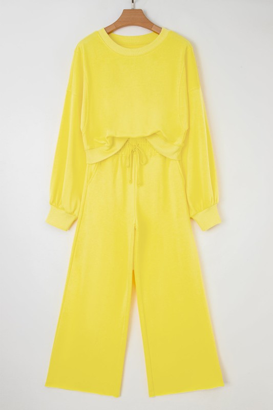 Solid Puff Sleeve Top and Drawstring Pants Set