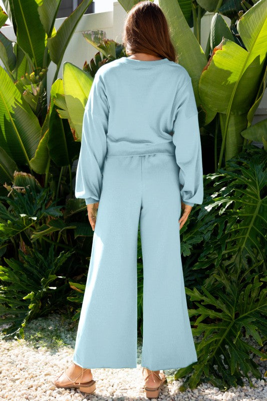 Solid Puff Sleeve Top and Drawstring Pants Set