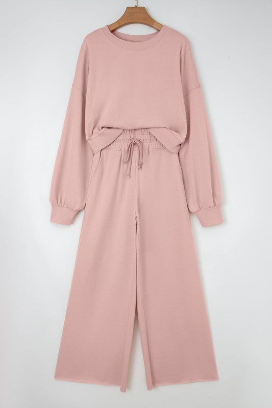 Solid Puff Sleeve Top and Drawstring Pants Set