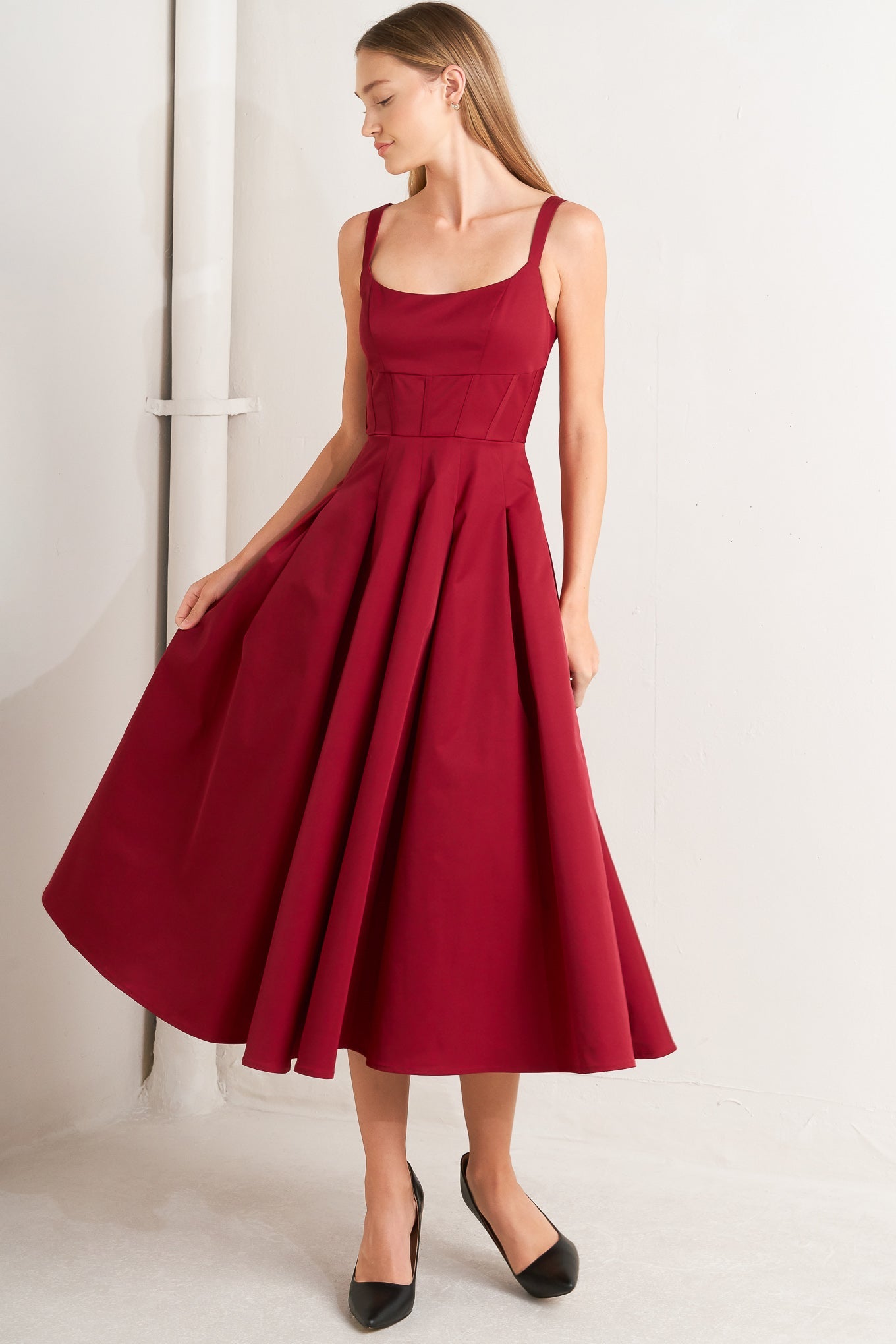 CRIMSON TWIRL WOVEN MIDI DRESS