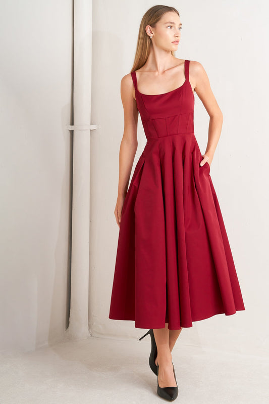 CRIMSON TWIRL WOVEN MIDI DRESS