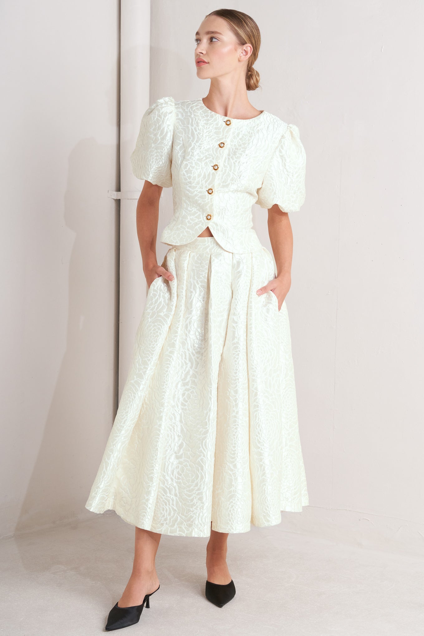 ROSÉ TEXTURE WOVEN FULL MIDI SKIRT