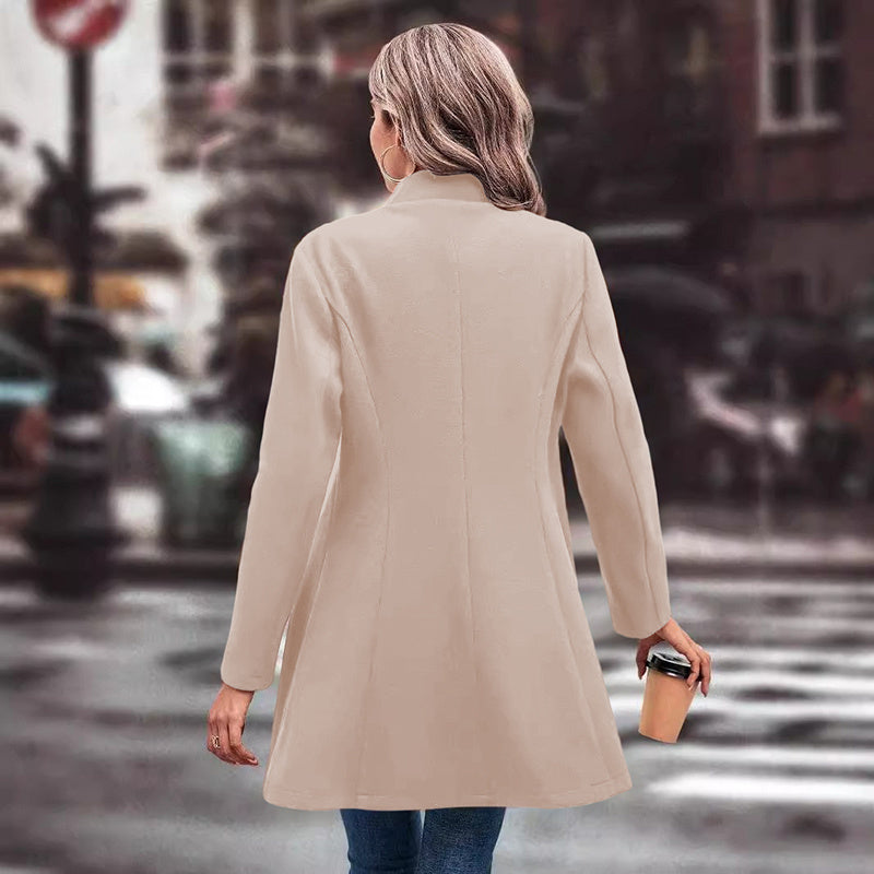 Women’s Winter Overcoat — Lapel Collar, Single-Breasted, Long Pea Coat