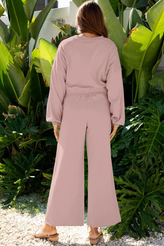 Solid Puff Sleeve Top and Drawstring Pants Set