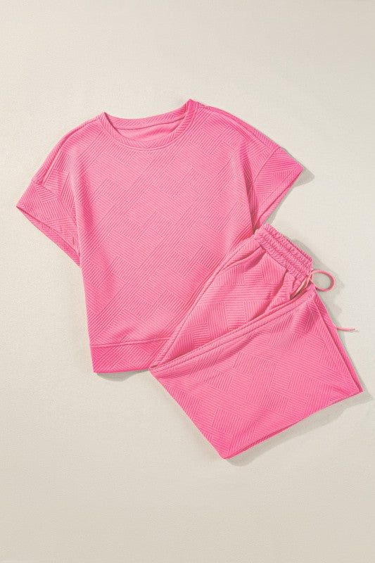 Solid Textured T-Shirt and Drawstring Pants Set