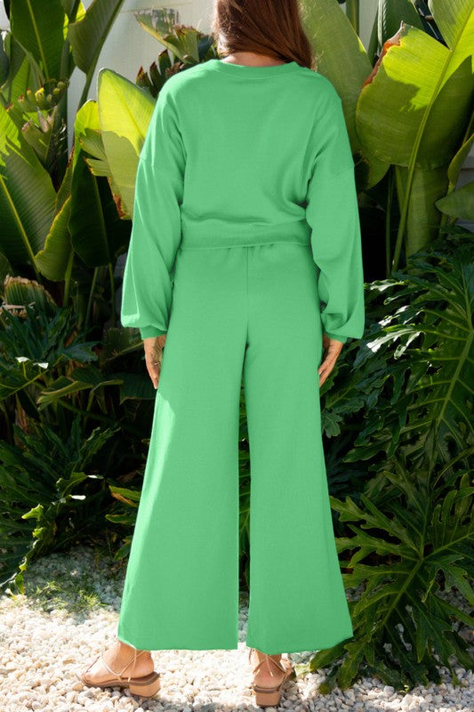 Solid Puff Sleeve Top and Drawstring Pants Set